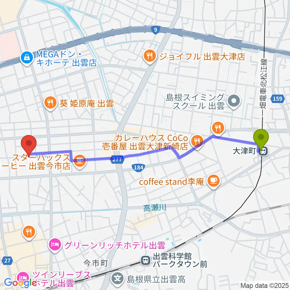 大津町駅から出雲芸術アカデミー音楽院へのルートマップ地図