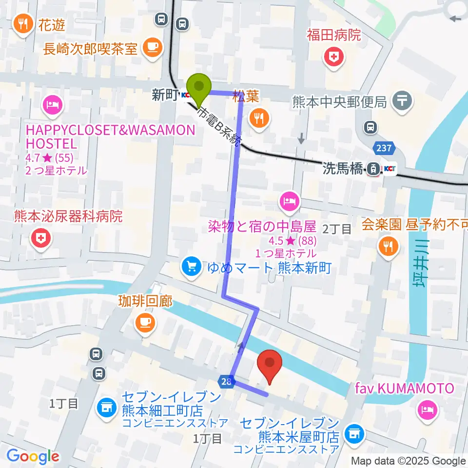 新町駅からピュアリィ西館レンタルスペースへのルートマップ地図