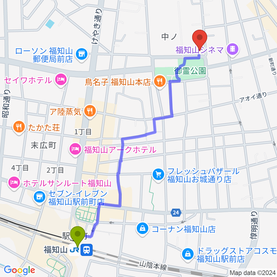 福知山市厚生会館の最寄駅福知山駅からの徒歩ルート（約13分）地図