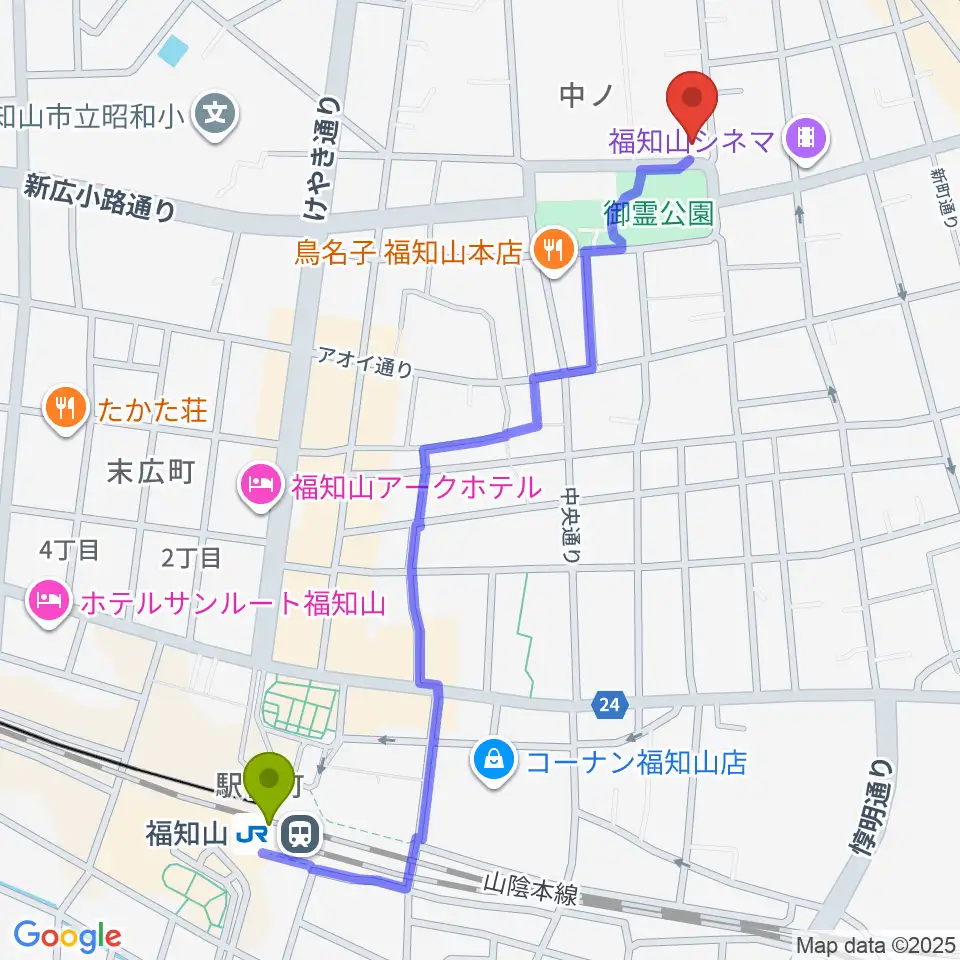 福知山市厚生会館の最寄駅福知山駅からの徒歩ルート（約13分）地図