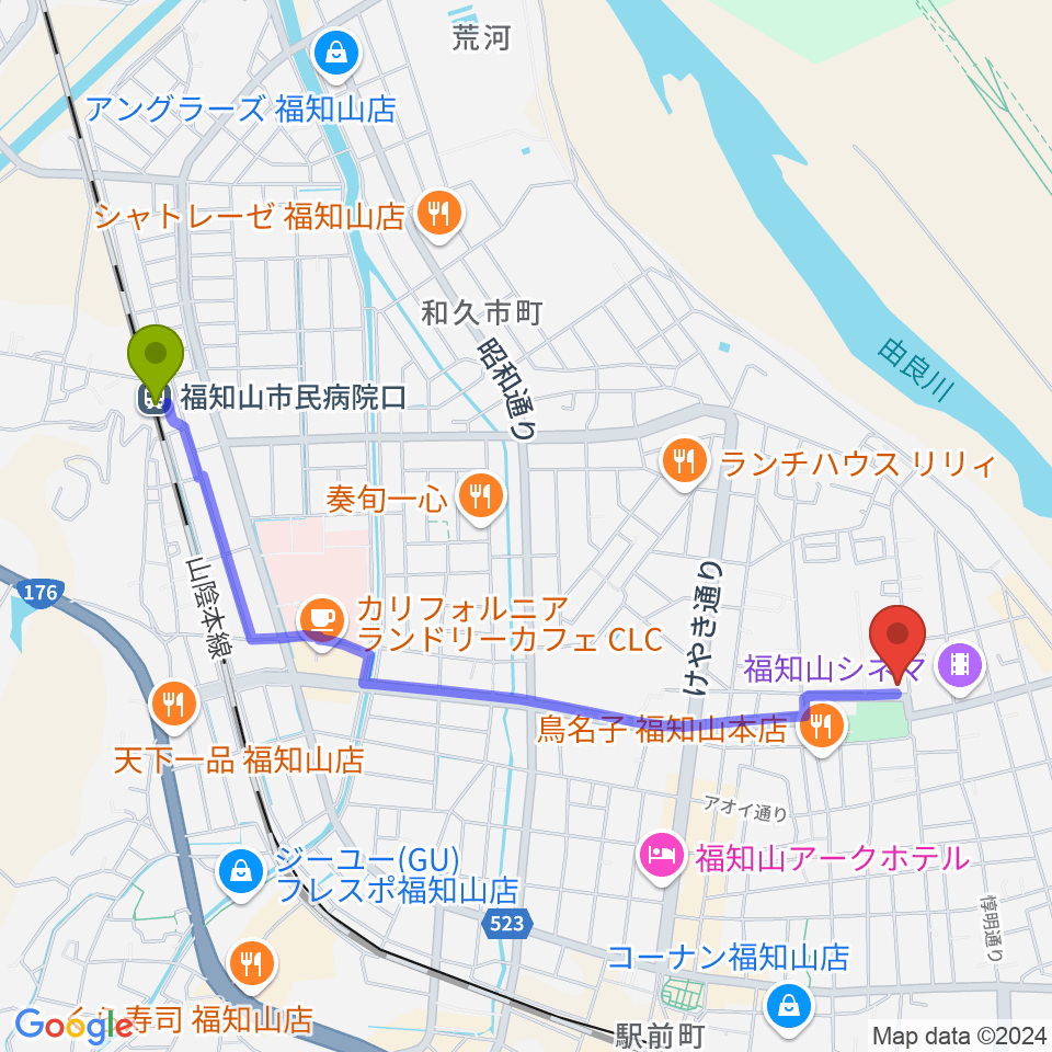 福知山市民病院口駅から福知山市厚生会館へのルートマップ地図