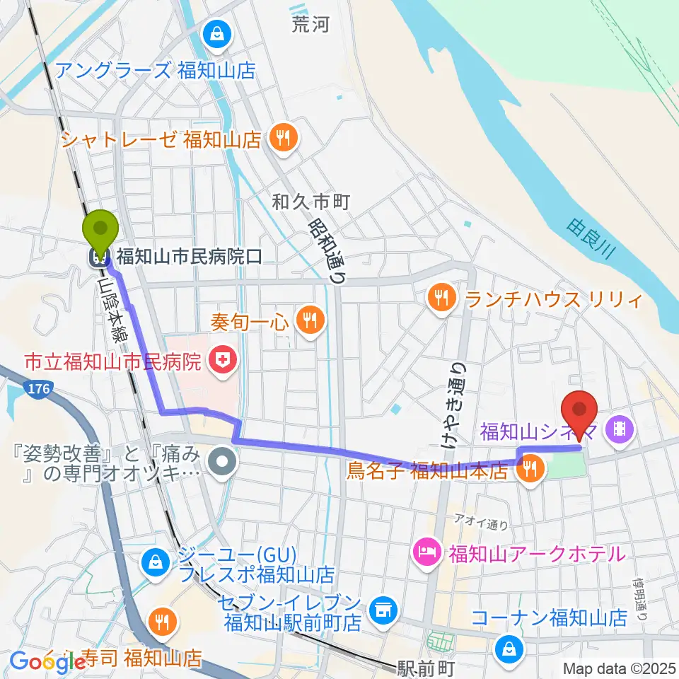 福知山市民病院口駅から福知山市厚生会館へのルートマップ地図