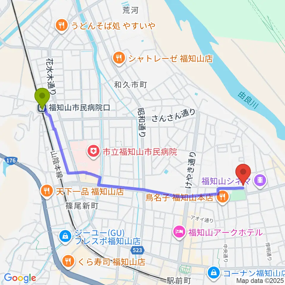 福知山市民病院口駅から福知山市厚生会館へのルートマップ地図