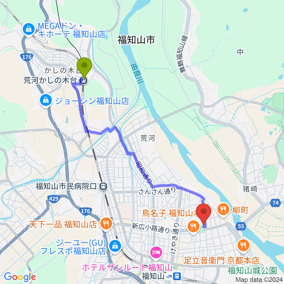 荒河かしの木台駅から福知山市厚生会館へのルートマップ地図