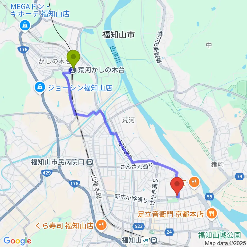 荒河かしの木台駅から福知山市厚生会館へのルートマップ地図