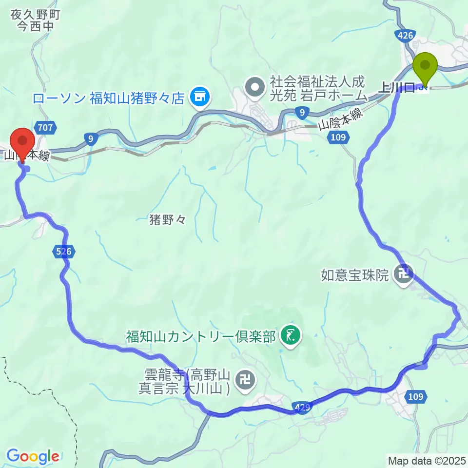 上川口駅から夜久野ふれあいプラザへのルートマップ地図