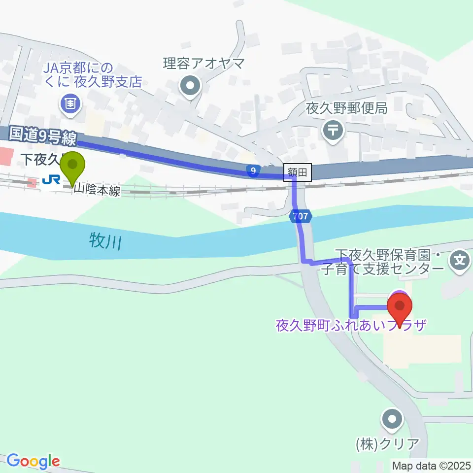 夜久野ふれあいプラザの最寄駅下夜久野駅からの徒歩ルート（約6分）地図