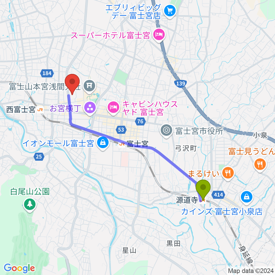 源道寺駅から富士宮市民文化会館へのルートマップ地図