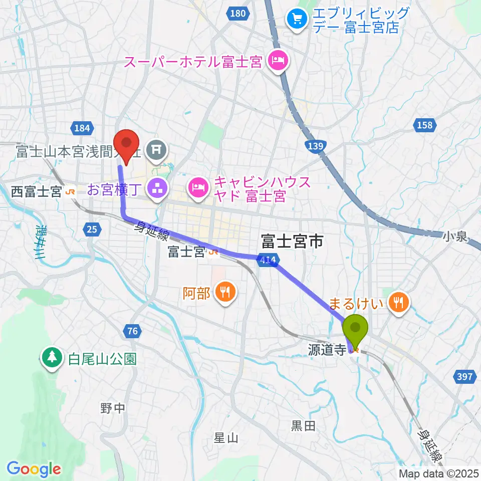 源道寺駅から富士宮市民文化会館へのルートマップ地図