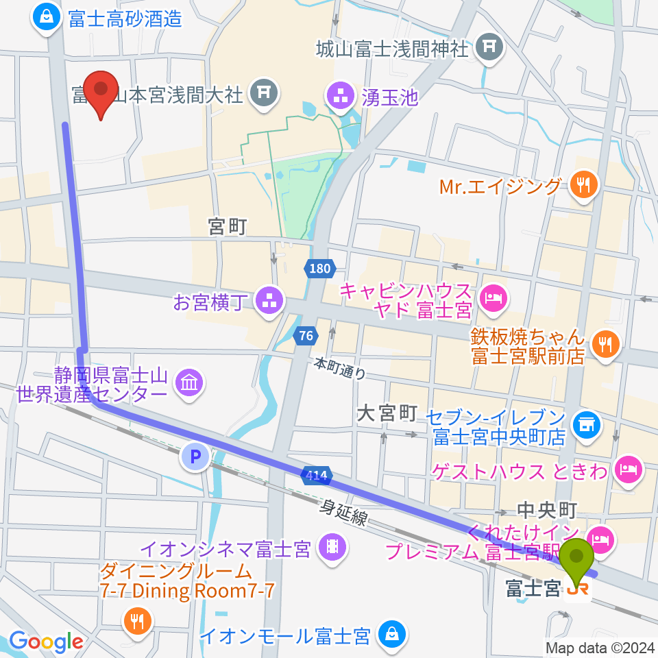 富士宮駅から富士宮市民文化会館へのルートマップ地図