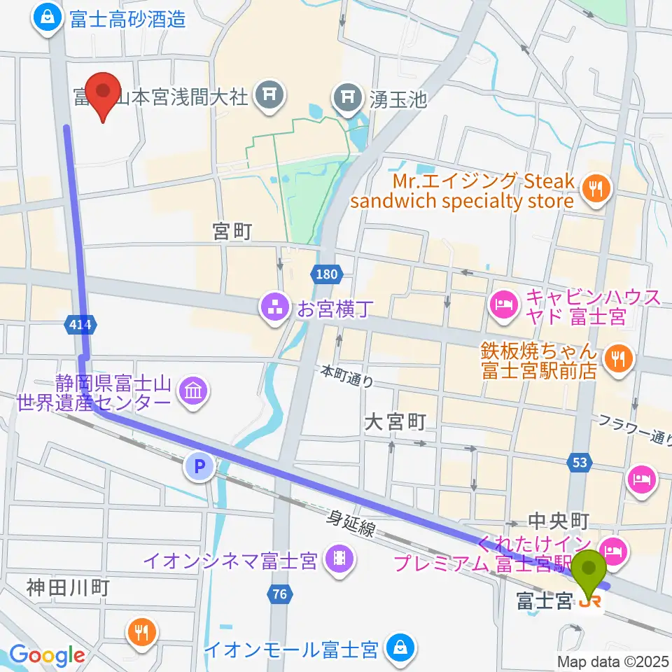 富士宮駅から富士宮市民文化会館へのルートマップ地図
