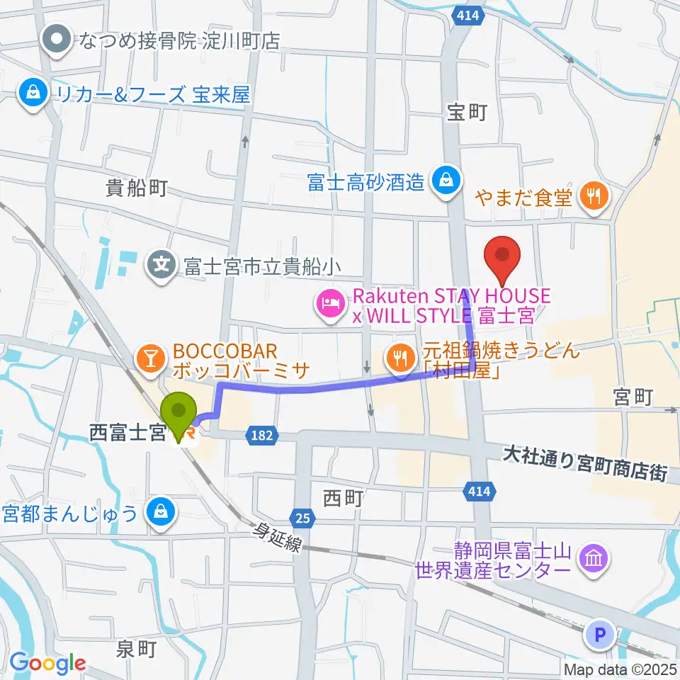 富士宮市民文化会館の最寄駅西富士宮駅からの徒歩ルート（約8分）地図