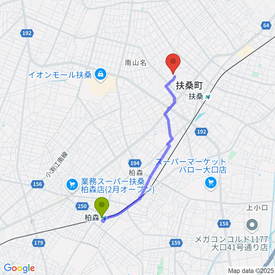 柏森駅から扶桑文化会館へのルートマップ地図