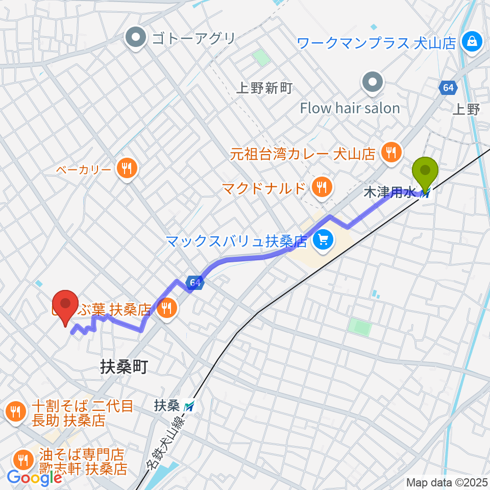 木津用水駅から扶桑文化会館へのルートマップ地図