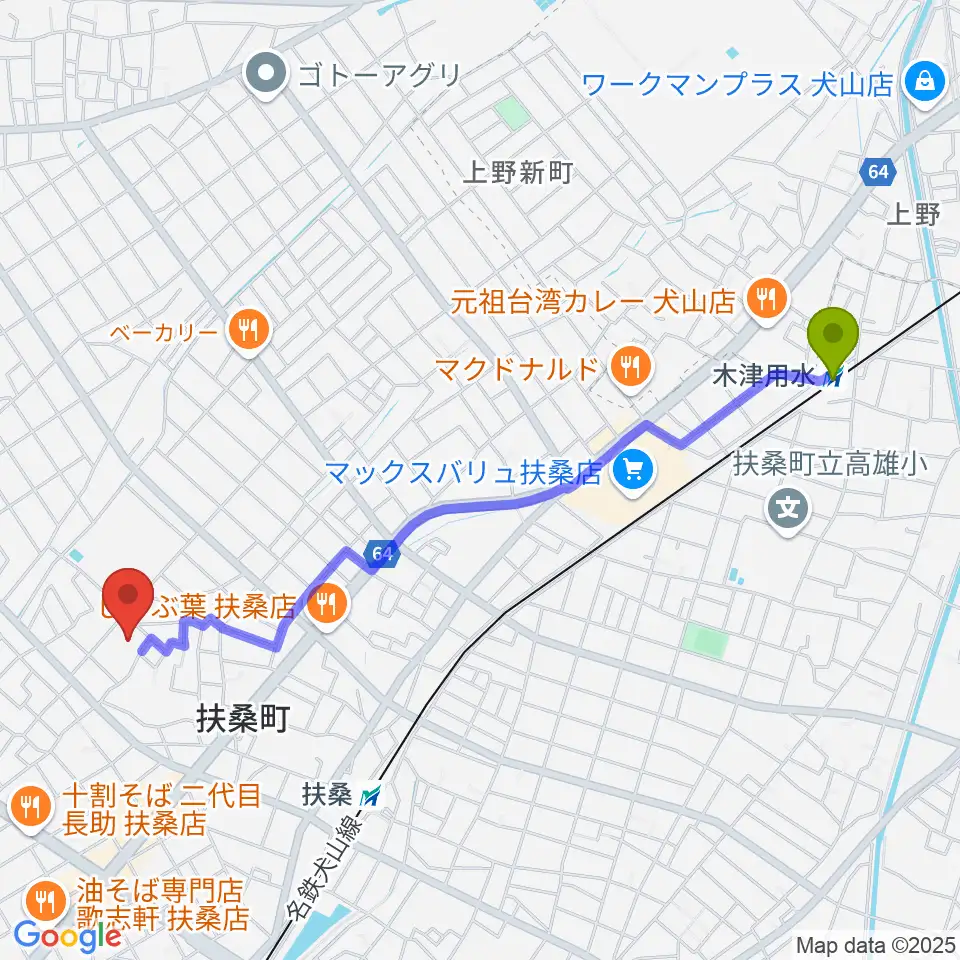 木津用水駅から扶桑文化会館へのルートマップ地図