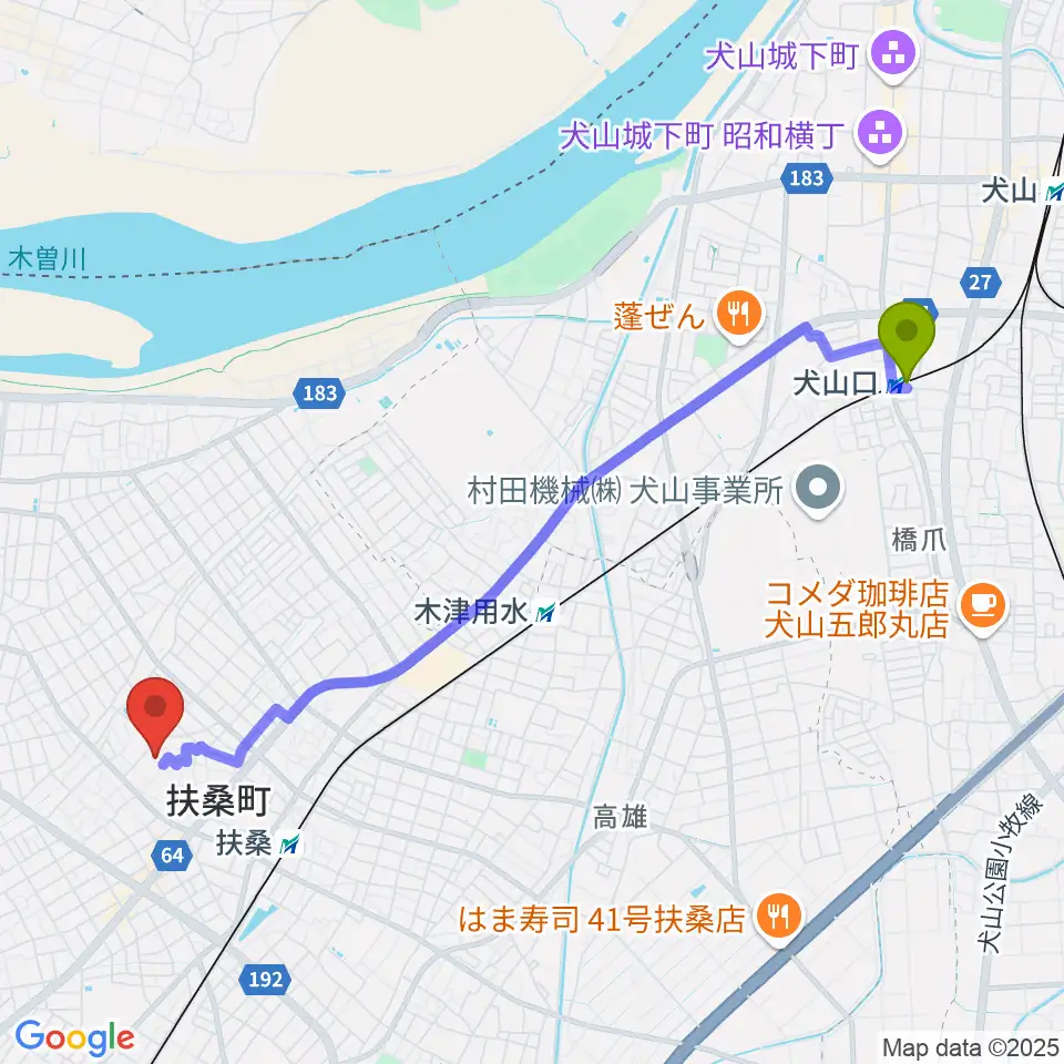 犬山口駅から扶桑文化会館へのルートマップ地図