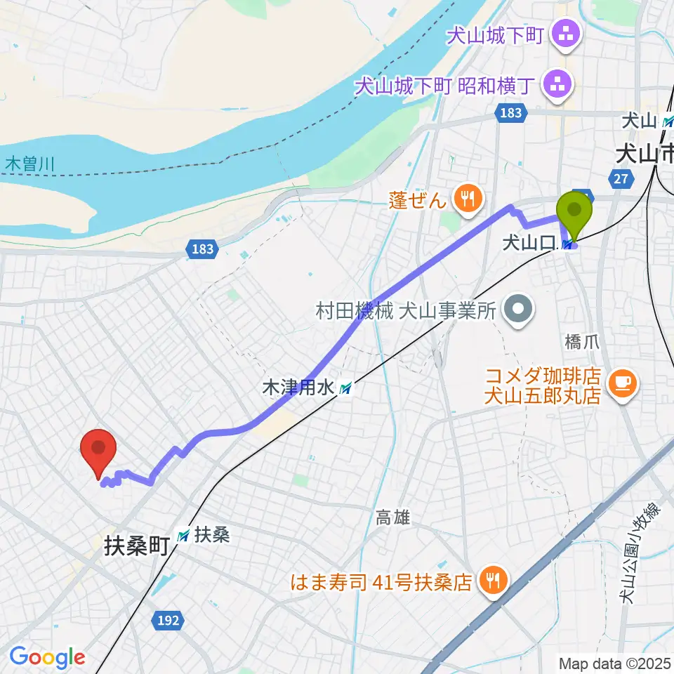 犬山口駅から扶桑文化会館へのルートマップ地図
