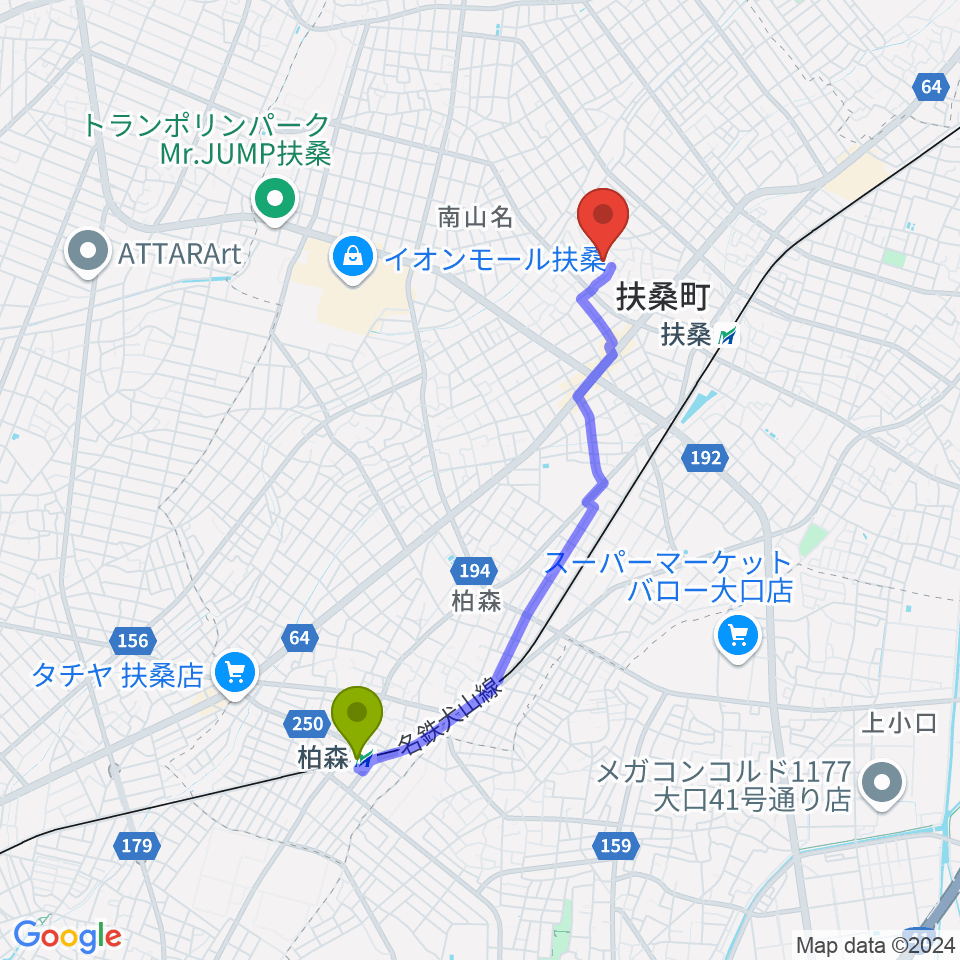 柏森駅から扶桑文化会館リハーサル室・ホールへのルートマップ地図