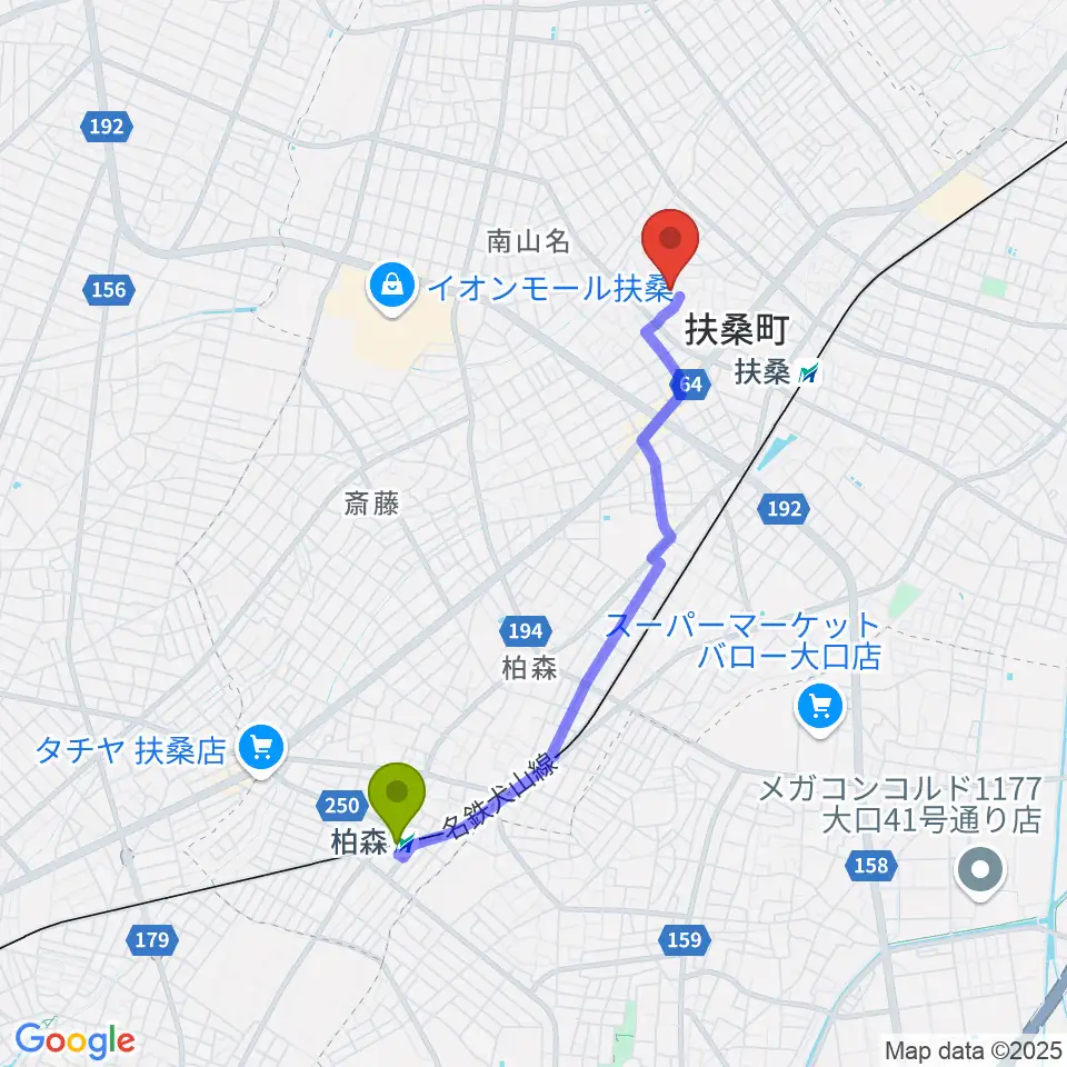 柏森駅から扶桑文化会館リハーサル室・ホールへのルートマップ地図