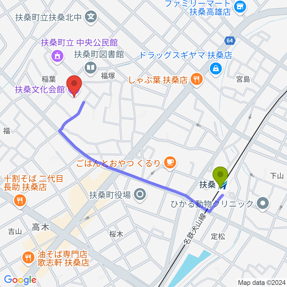 扶桑文化会館リハーサル室・ホールの最寄駅扶桑駅からの徒歩ルート（約9分）地図