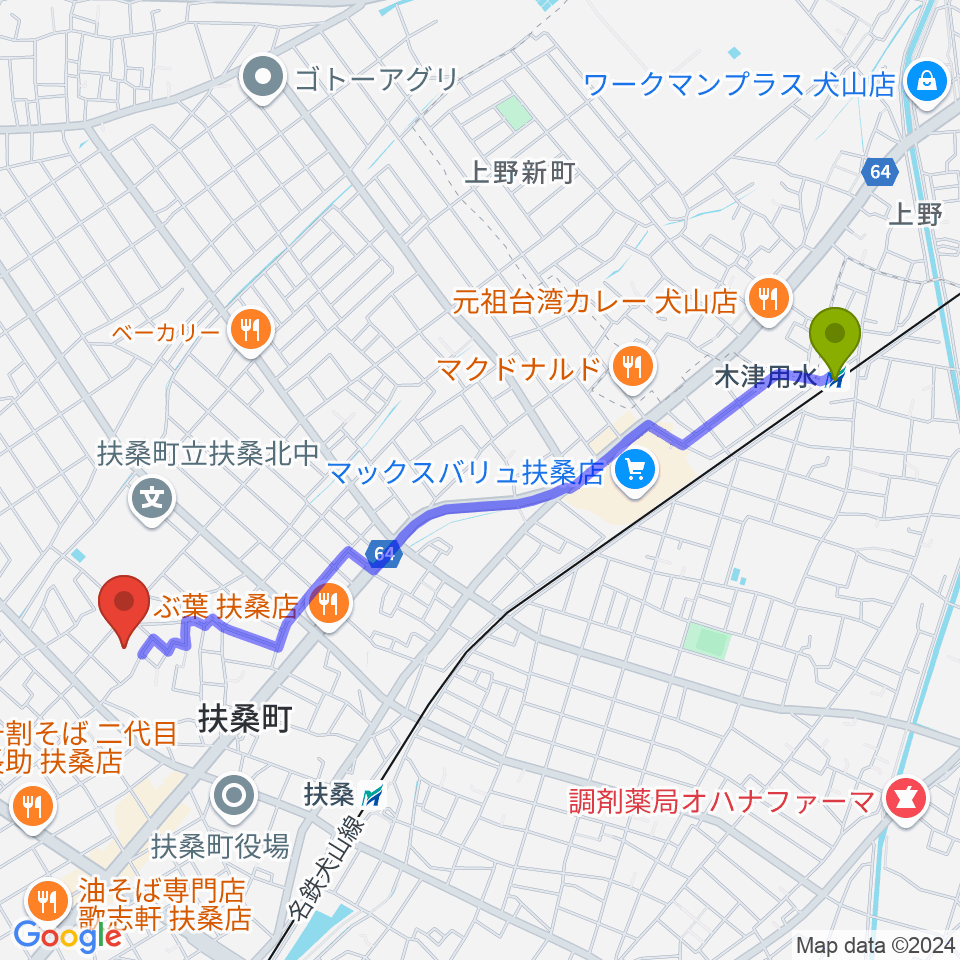 木津用水駅から扶桑文化会館リハーサル室・ホールへのルートマップ地図