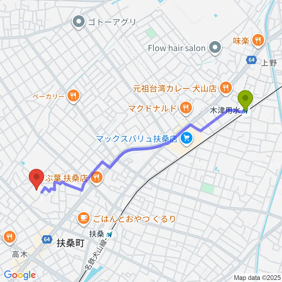 木津用水駅から扶桑文化会館リハーサル室・ホールへのルートマップ地図