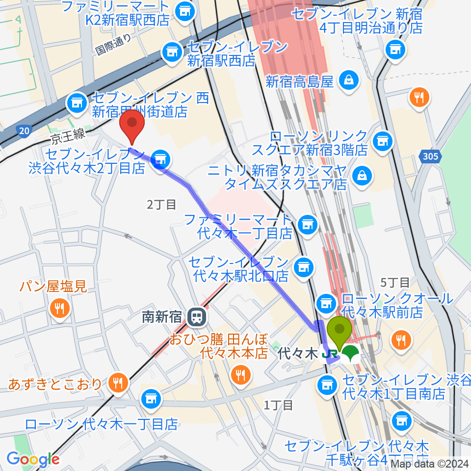 代々木駅からプーク人形劇場へのルートマップ地図