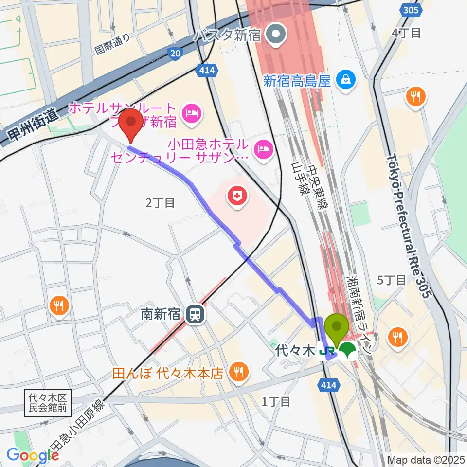 代々木駅からプーク人形劇場へのルートマップ地図