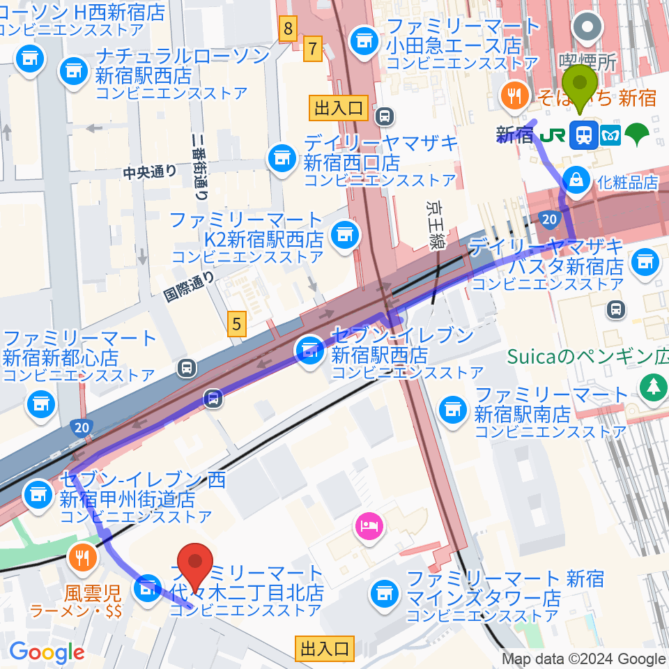 新宿駅からプーク人形劇場へのルートマップ地図