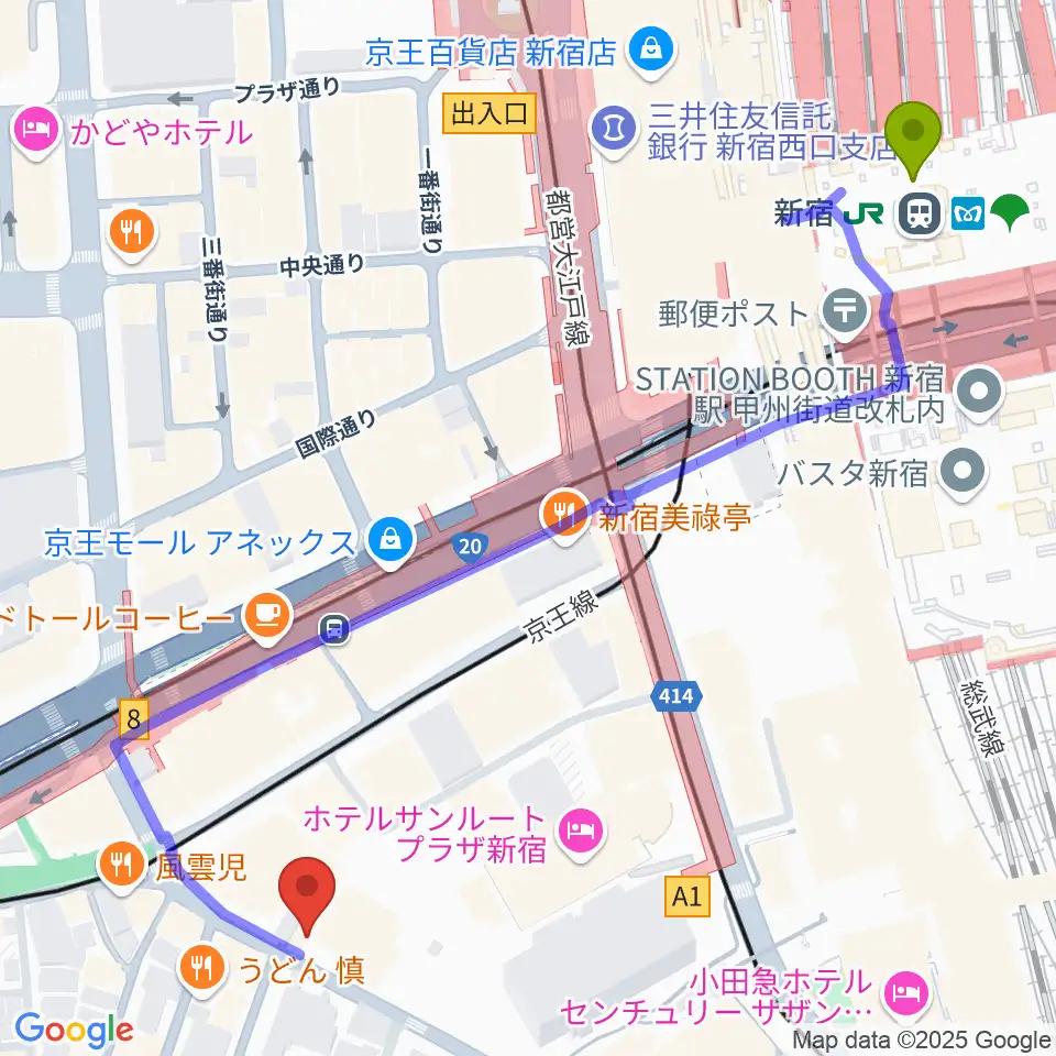 新宿駅からプーク人形劇場へのルートマップ地図