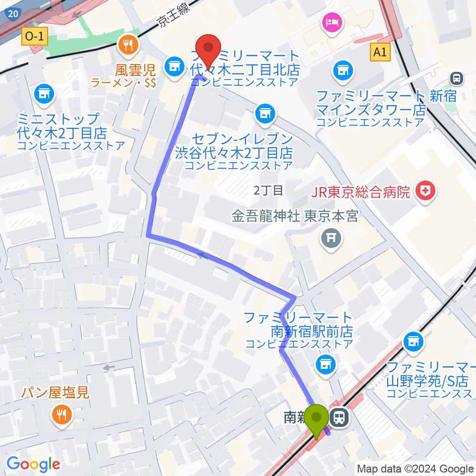 プーク人形劇場の最寄駅南新宿駅からの徒歩ルート（約6分）地図