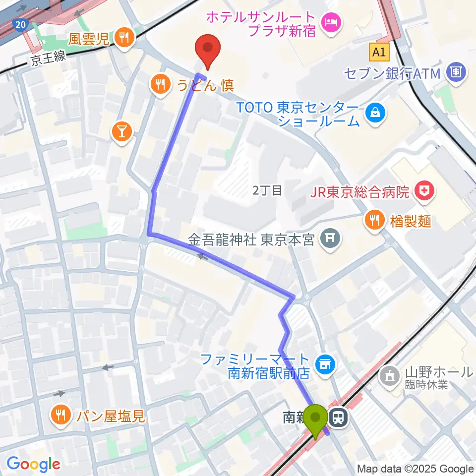 プーク人形劇場の最寄駅南新宿駅からの徒歩ルート（約6分）地図