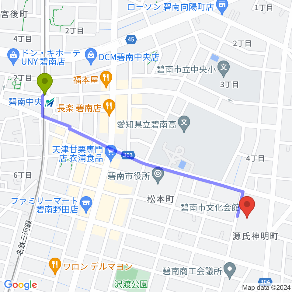 碧南市文化会館の最寄駅碧南中央駅からの徒歩ルート（約13分）地図