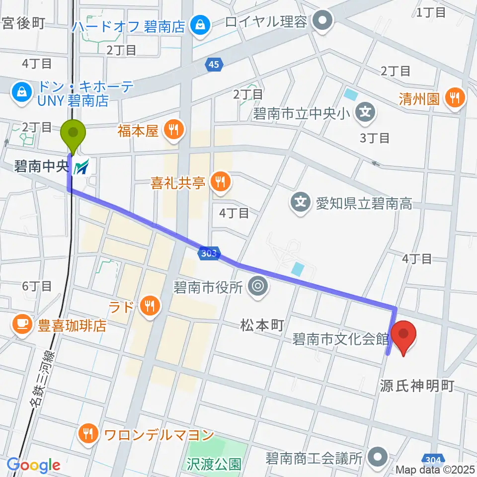 碧南市文化会館の最寄駅碧南中央駅からの徒歩ルート（約13分）地図