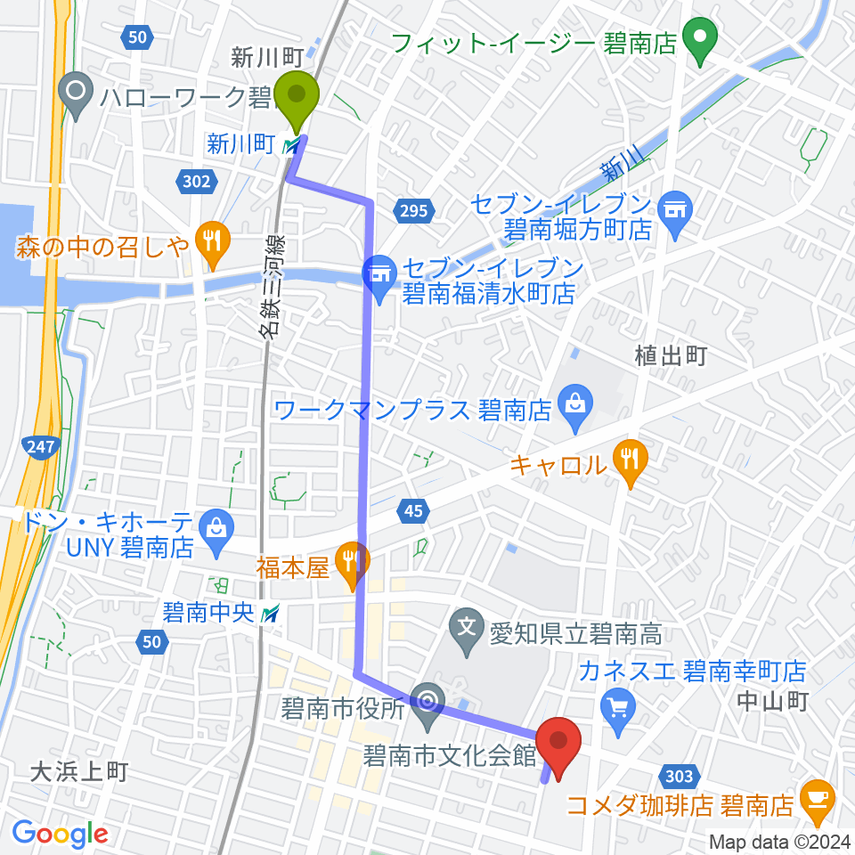 新川町駅から碧南市文化会館へのルートマップ地図