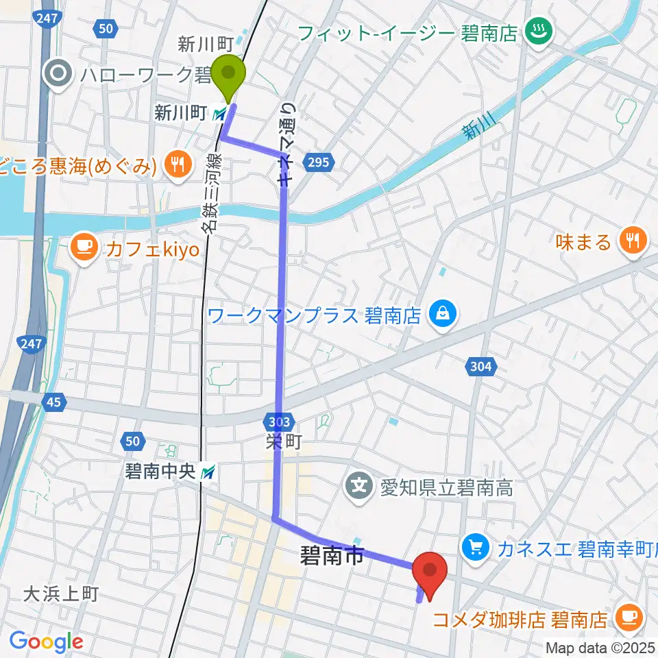 新川町駅から碧南市文化会館へのルートマップ地図