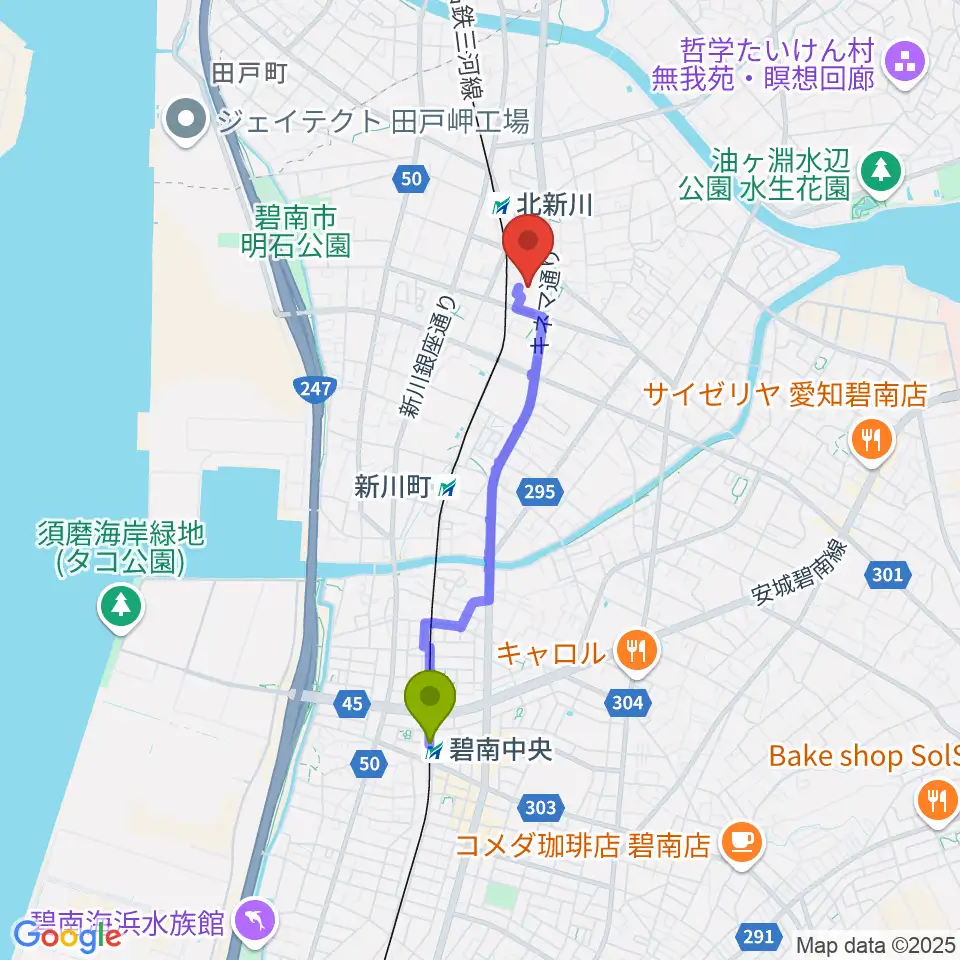 碧南中央駅から碧南市芸術文化ホールへのルートマップ地図