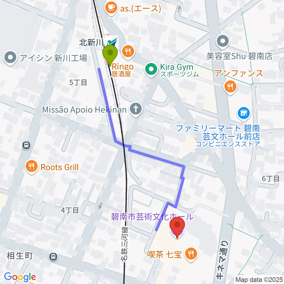 碧南市芸術文化ホールの最寄駅北新川駅からの徒歩ルート（約5分）地図