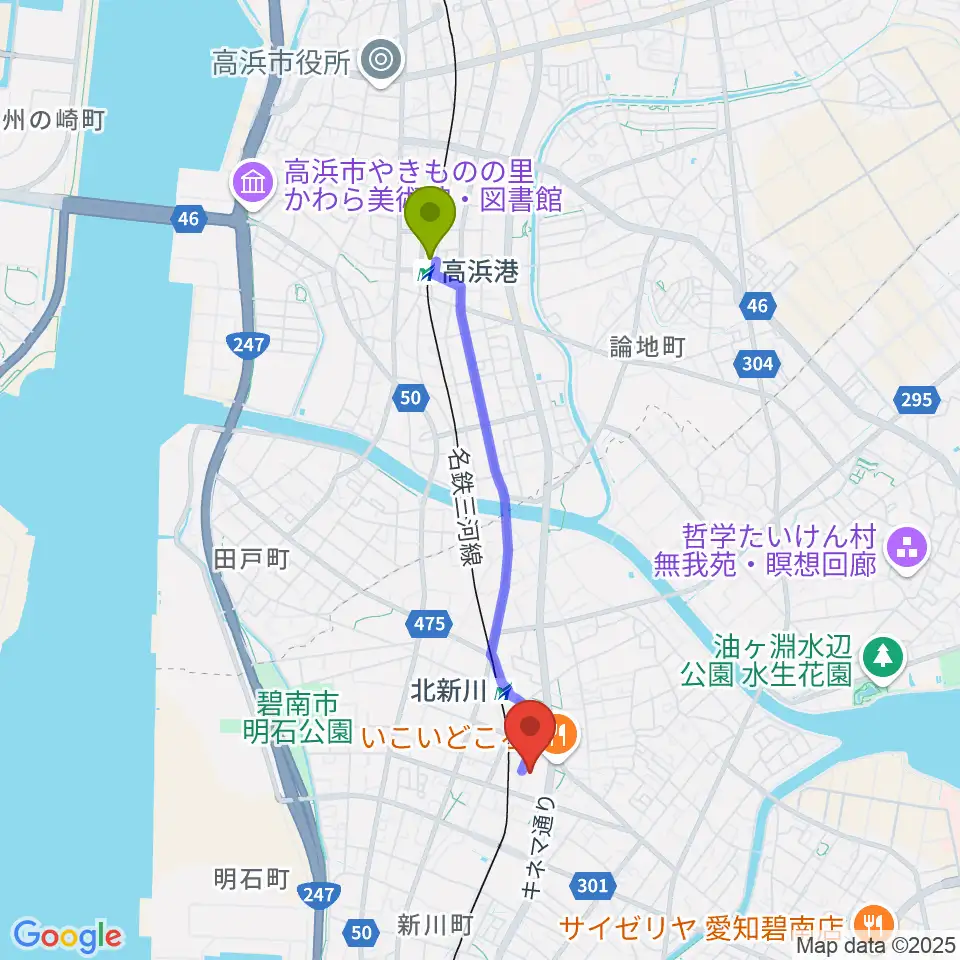 高浜港駅から碧南市芸術文化ホールへのルートマップ地図