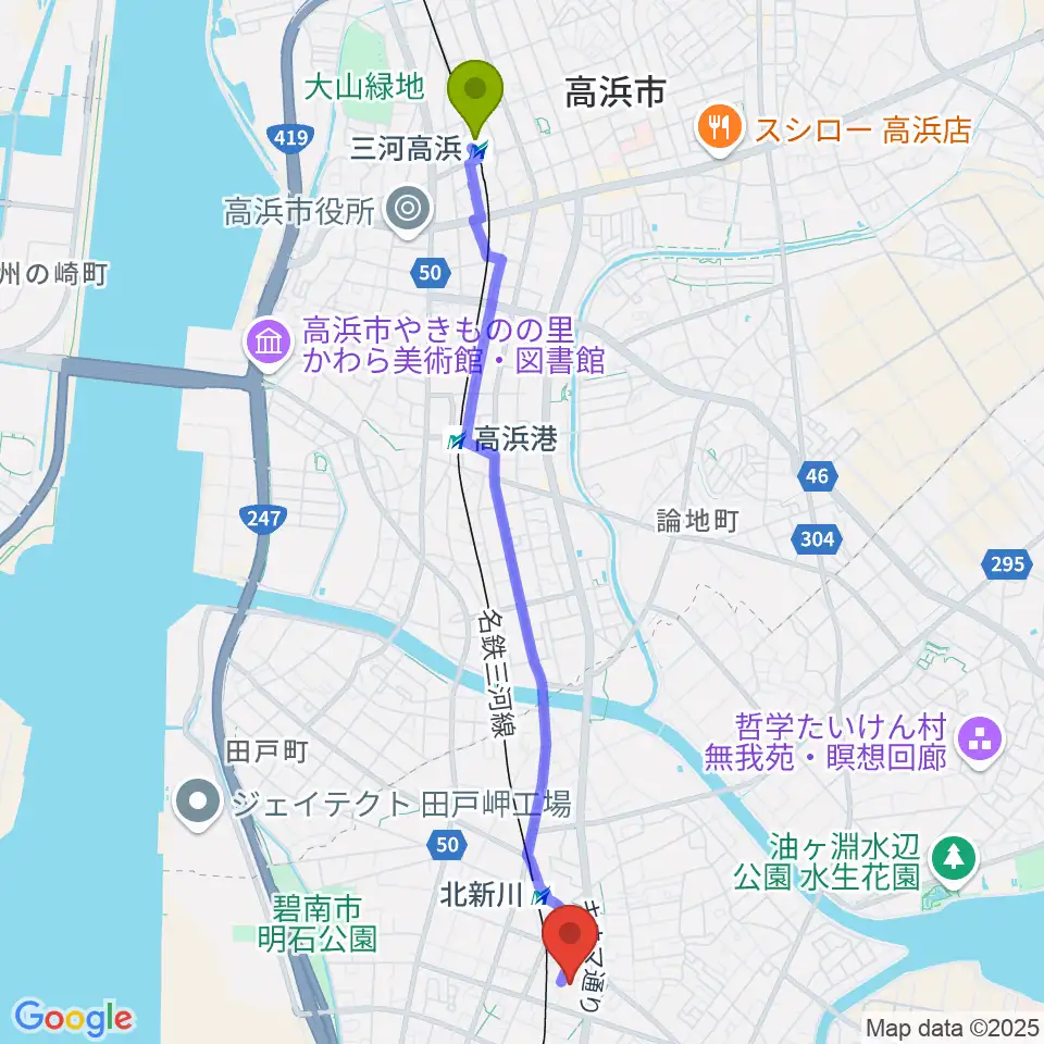 三河高浜駅から碧南市芸術文化ホールへのルートマップ地図