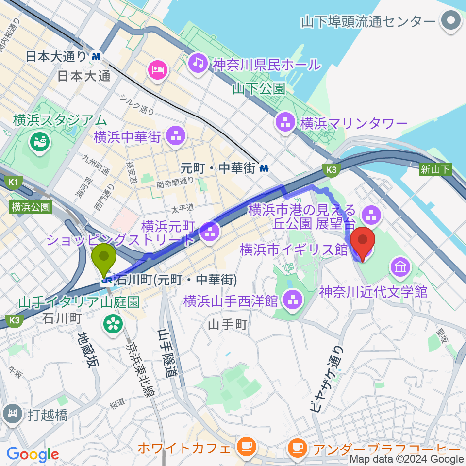 石川町駅から横浜市イギリス館へのルートマップ地図