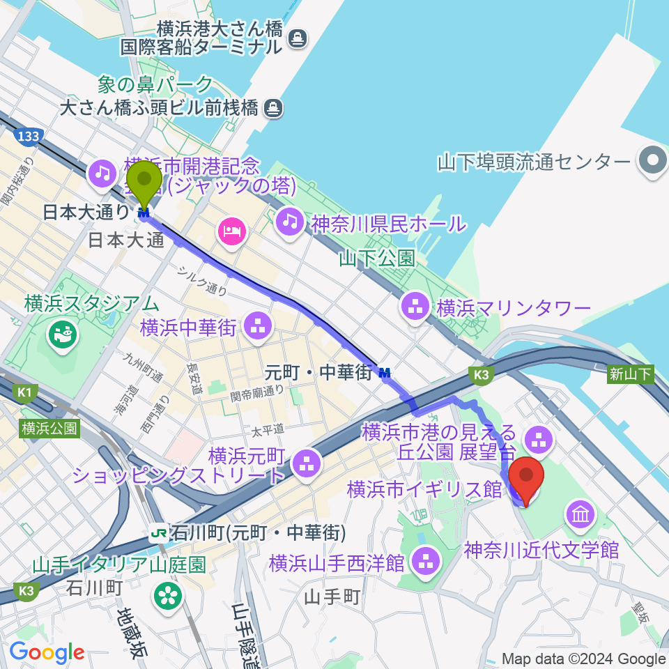 日本大通り駅から横浜市イギリス館へのルートマップ地図