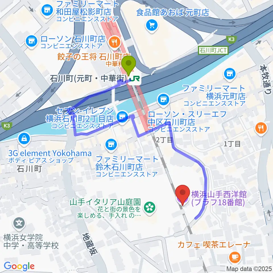 ブラフ18番館の最寄駅石川町駅からの徒歩ルート（約4分）地図