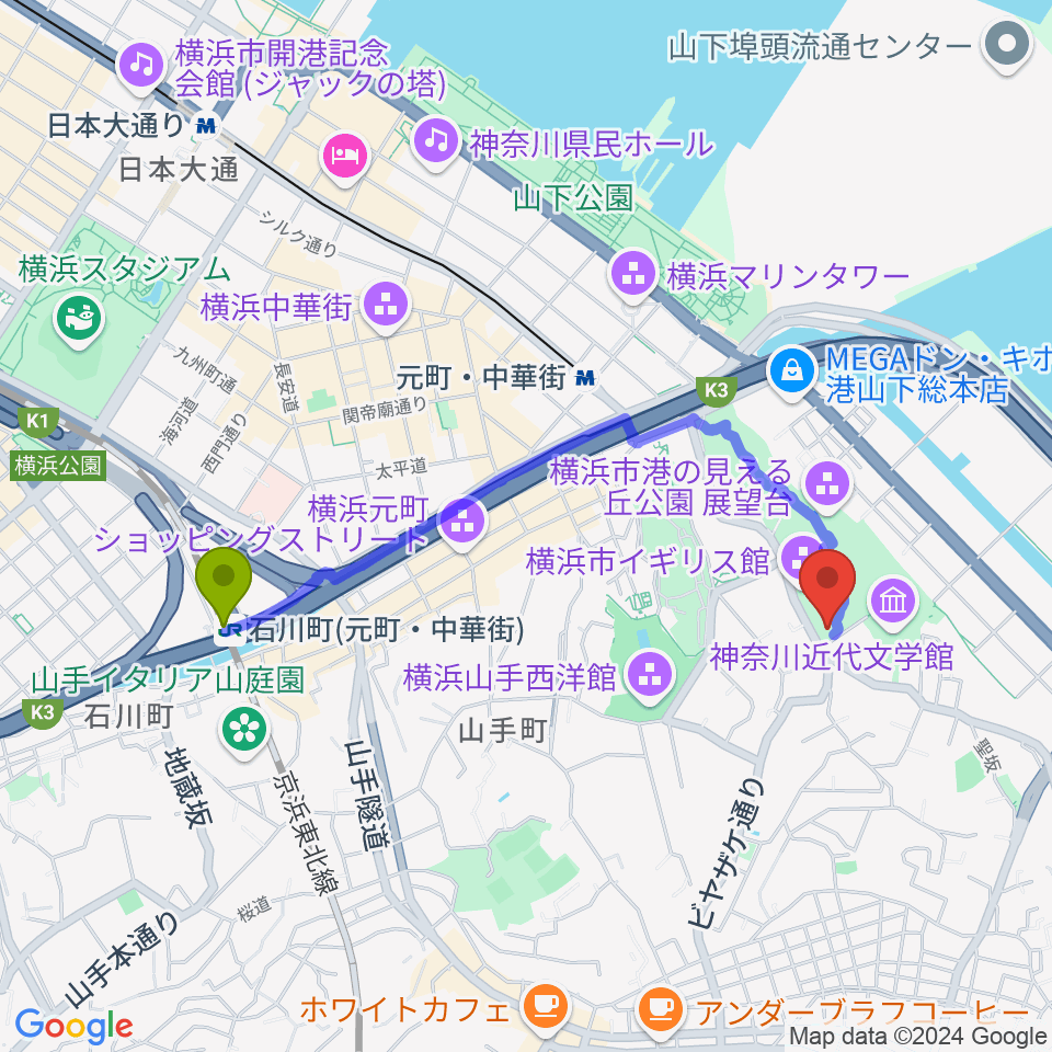 石川町駅から山手111番館へのルートマップ地図