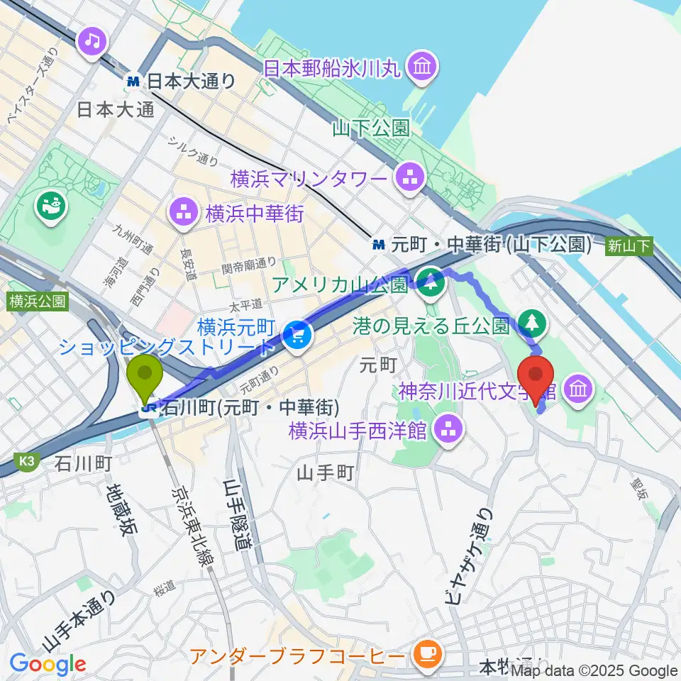 石川町駅から山手111番館へのルートマップ地図