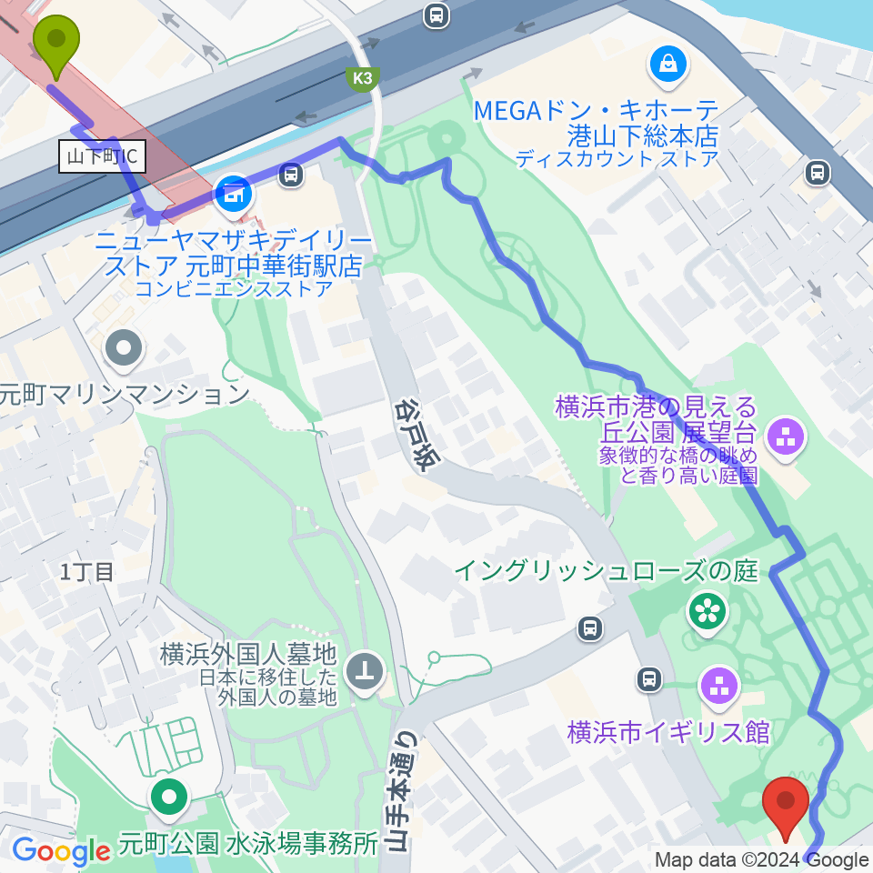 山手111番館の最寄駅元町・中華街駅からの徒歩ルート（約9分）地図