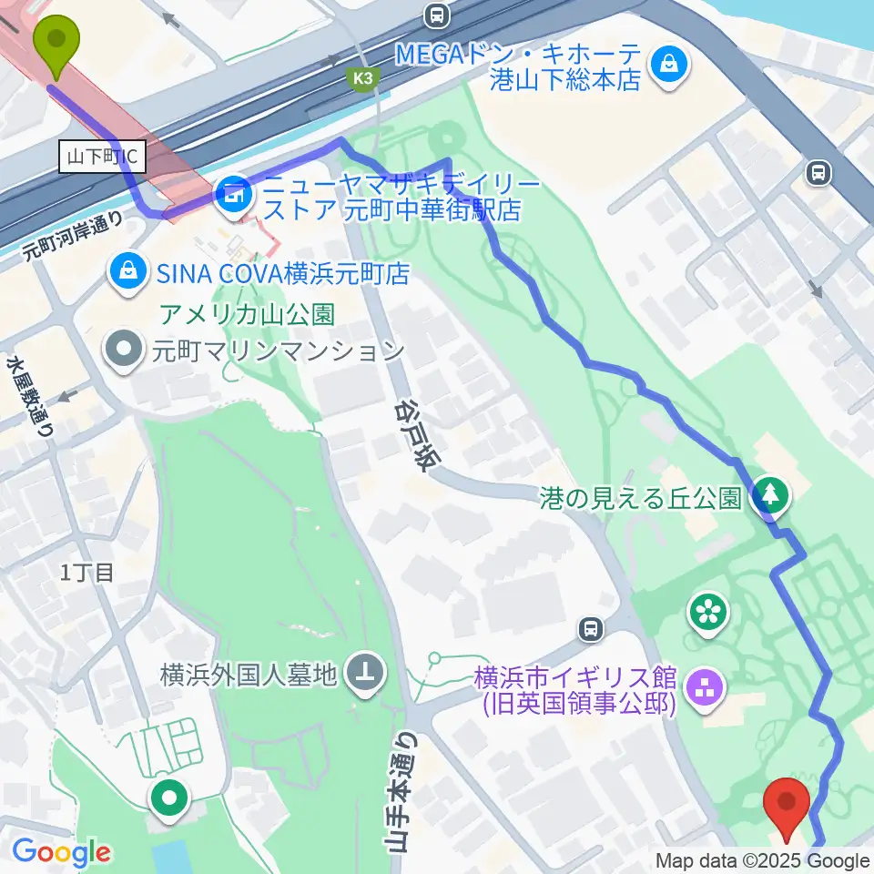 山手111番館の最寄駅元町・中華街駅からの徒歩ルート（約9分）地図
