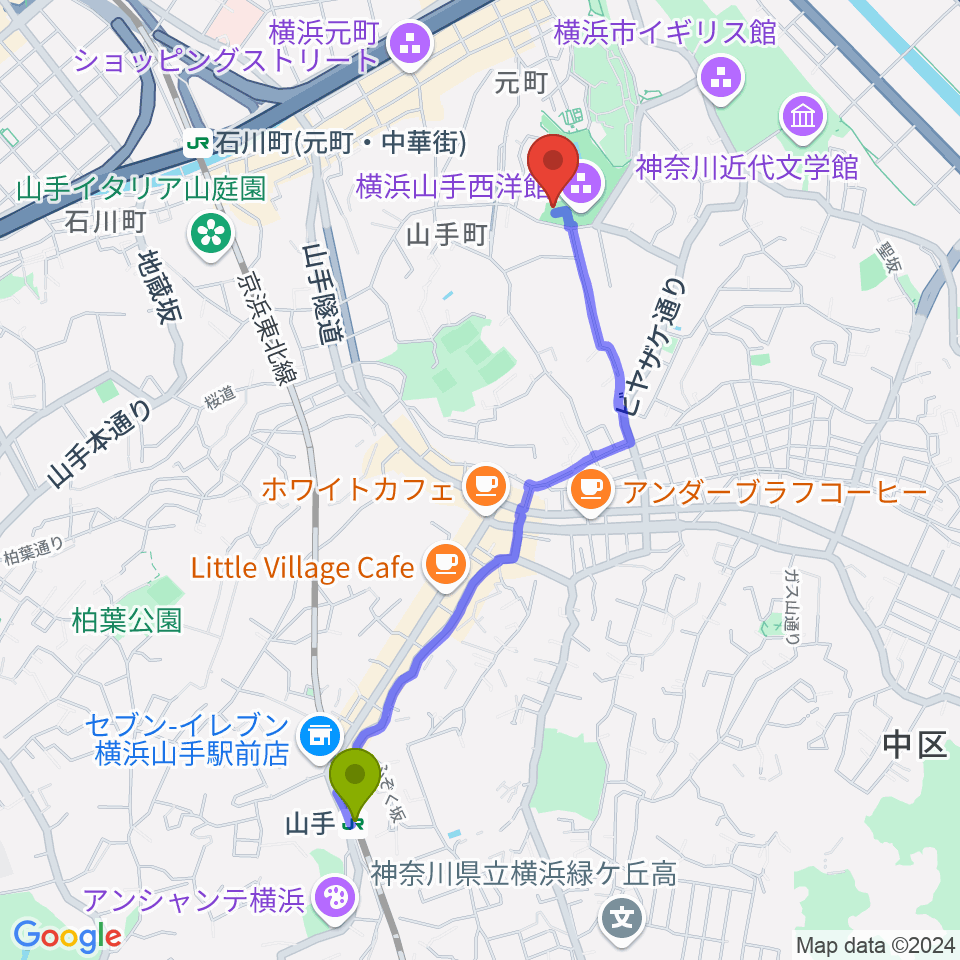 山手駅からベーリック・ホールへのルートマップ地図