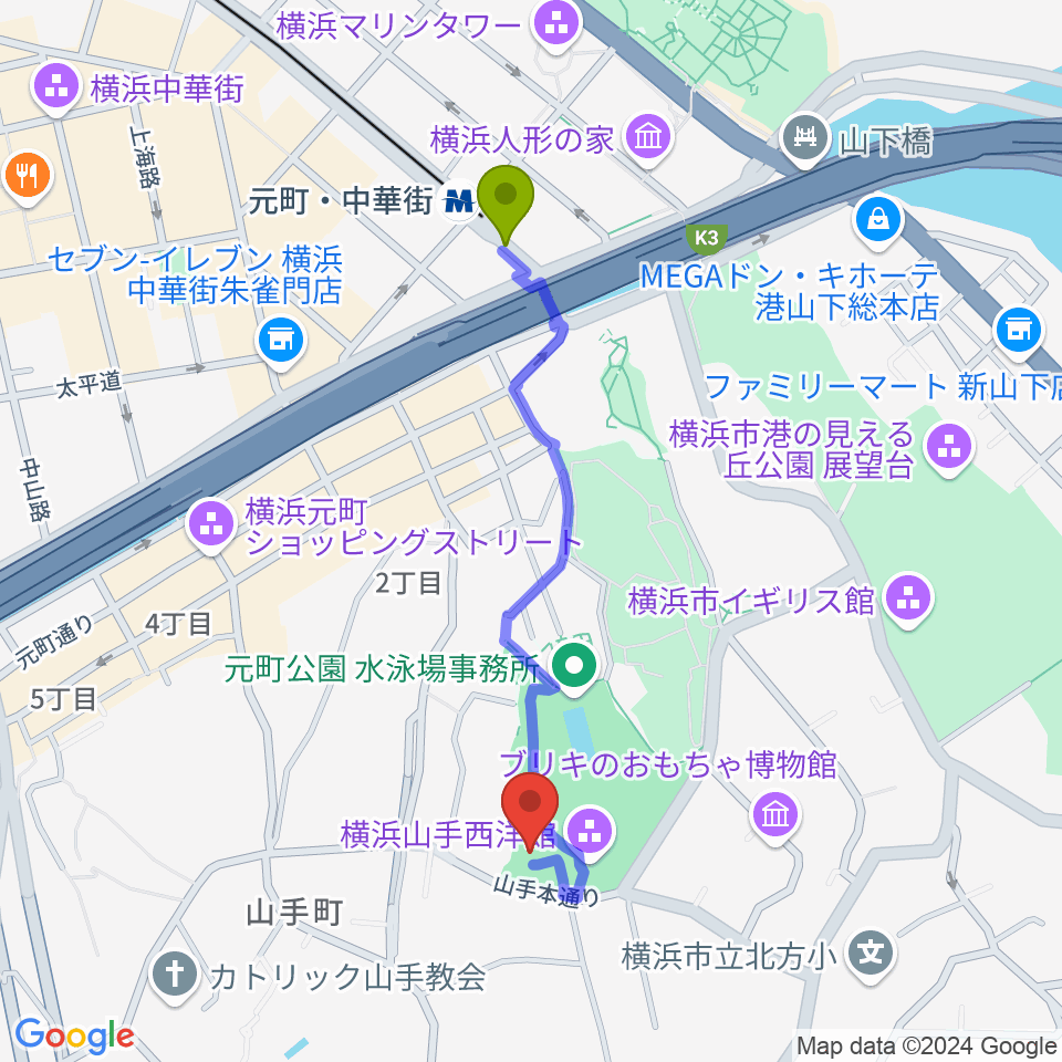 ベーリック・ホールの最寄駅元町・中華街駅からの徒歩ルート（約9分）地図