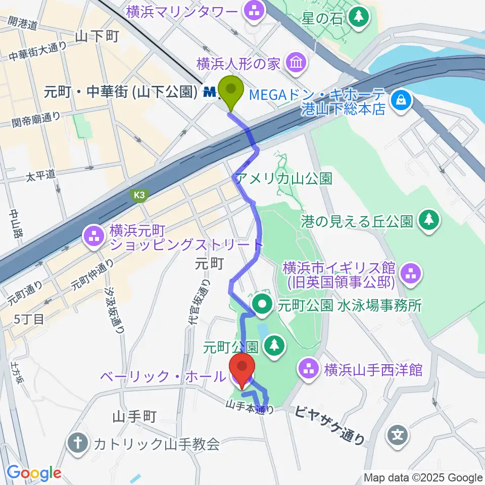 ベーリック・ホールの最寄駅元町・中華街駅からの徒歩ルート（約9分）地図